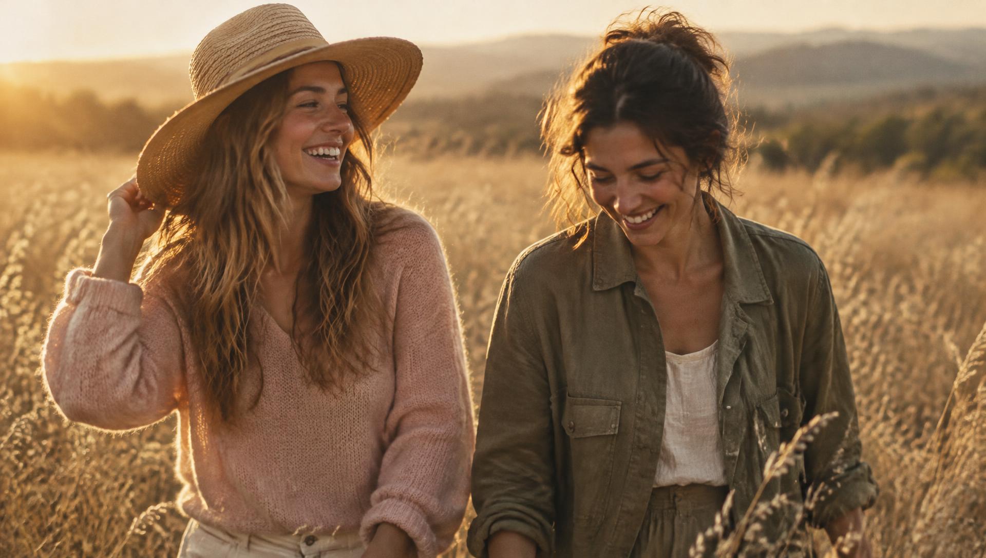 Two people walking together through a sunlit field