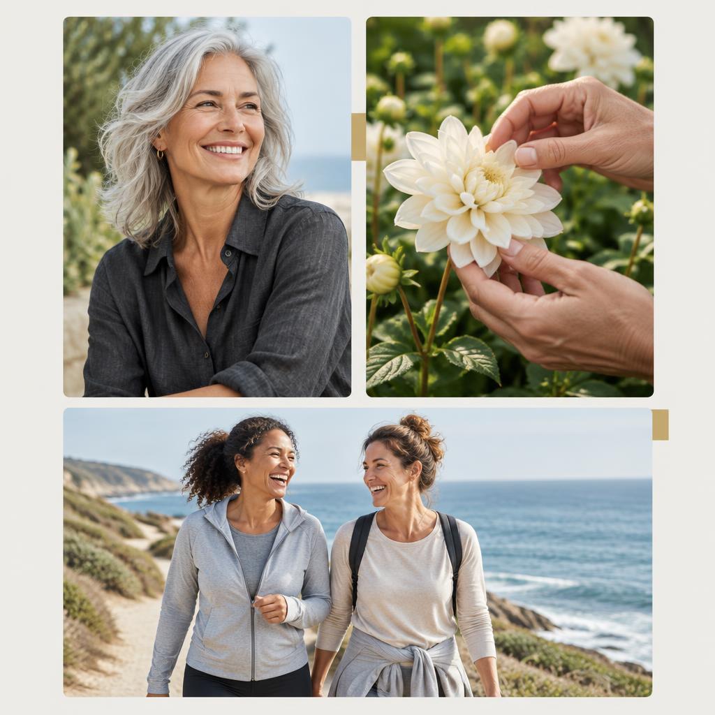 A silver-haired woman, a flower in a garden, and two friends enjoying a coastal walk